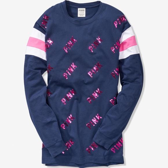 VS Pink Sequin Bling Logo Campus Long Sleeve Tee - Picture 1 of 2
